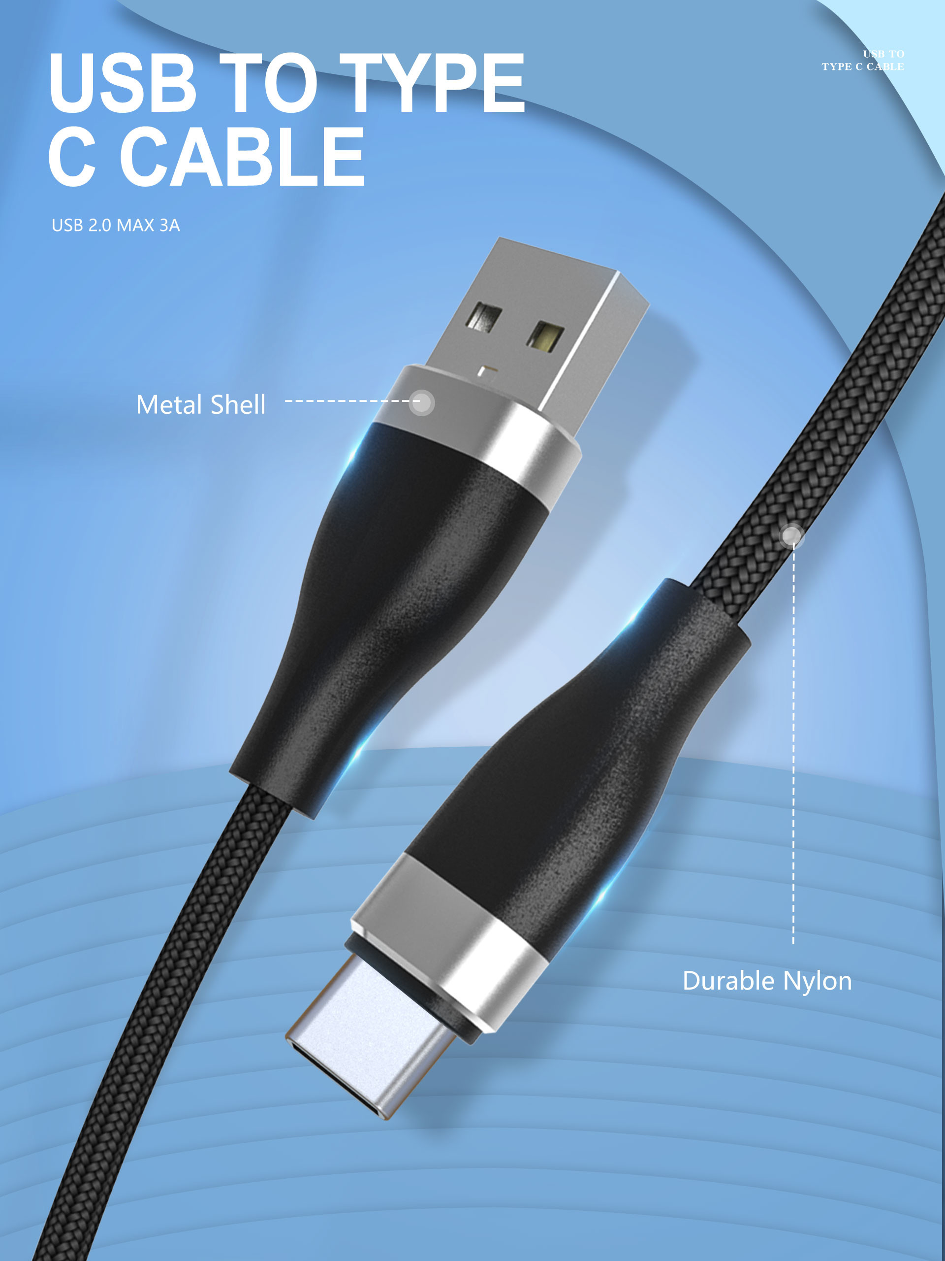 Fast Charge 3A Nylon Braided OEM/ODM Usb Type C Cable 2.0 USB C for Huawei Samsung data&charge cable