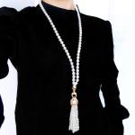 Round Shell Pearl Necklace with Cubic Zirconia Tassel Charm Gold Plated