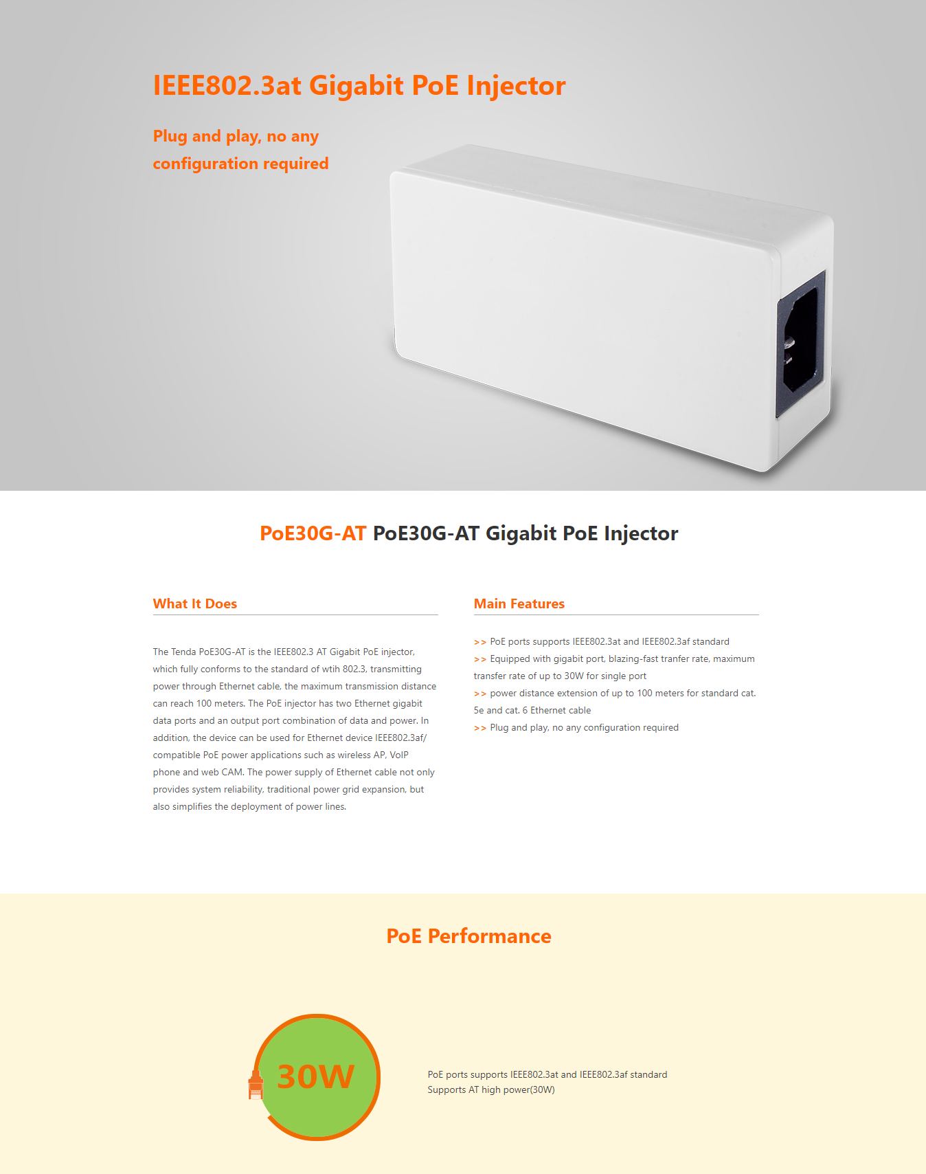 Customized Size POE30G-AT Gigabit Desktop High Power POE for Network Cameras Wifi CCTV Active Ethernet Injector Adapter