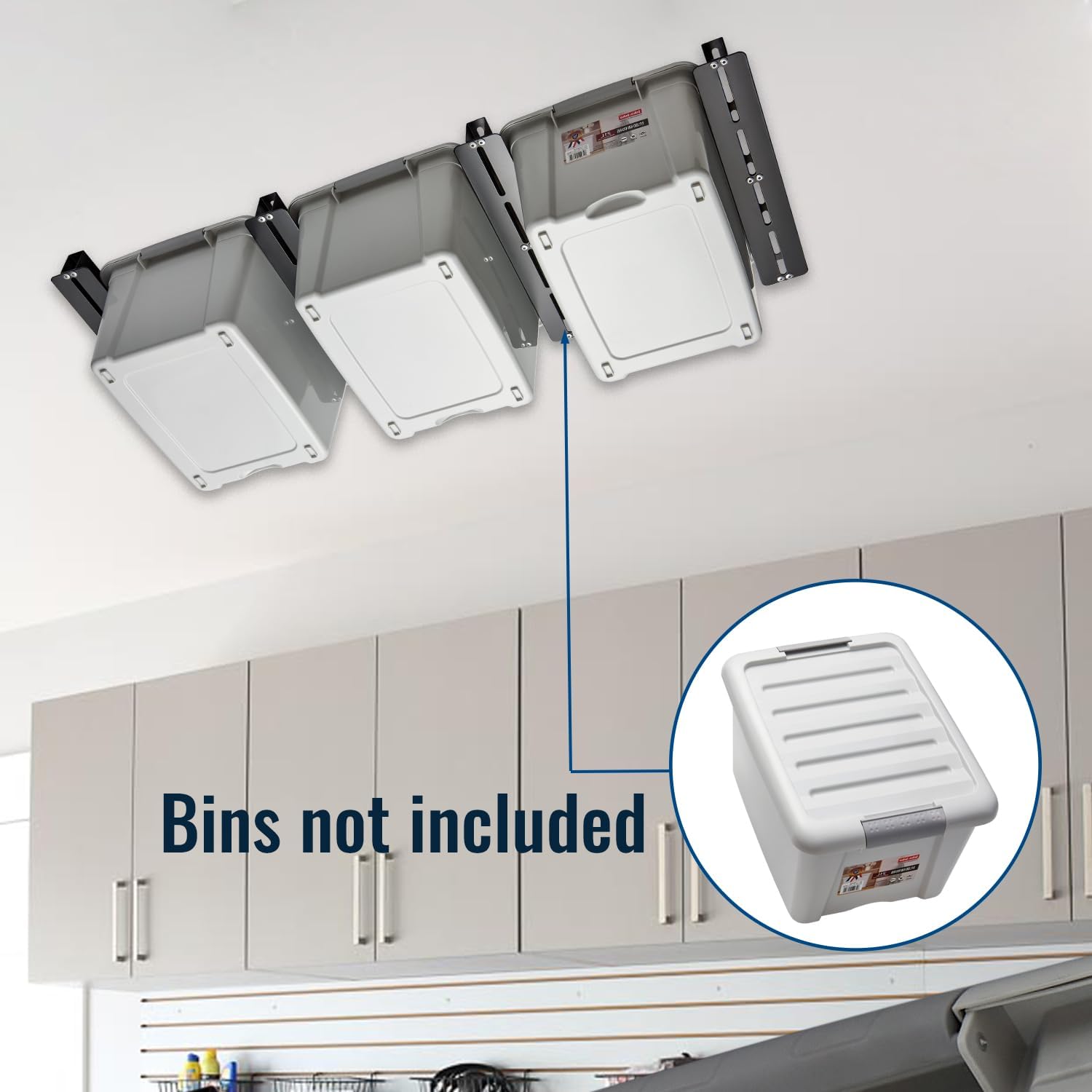 Adjustable Width Overheard Tote Storage Rail System for Garage Ceiling Bin Storage Rack