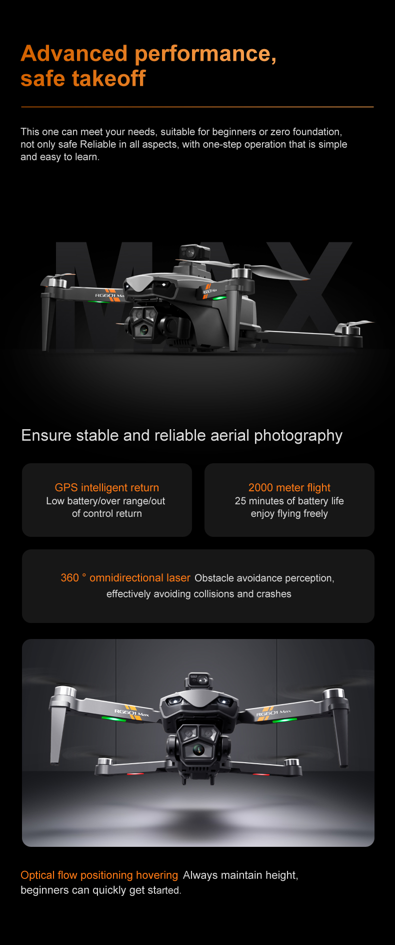Rg601 Drone with Wifi Fpv 4k 1080p Dual Cameras 360 Laser Obstacle Avoidance and Brushless Motor Control Type Remote Control