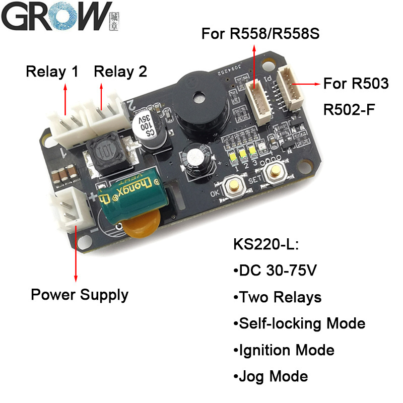 Ks220-L+R558-S DC30-75V Fingerprint Control Board 2 Relays Admin/User Funtion Self-Locking/Jog/Ignition Mode