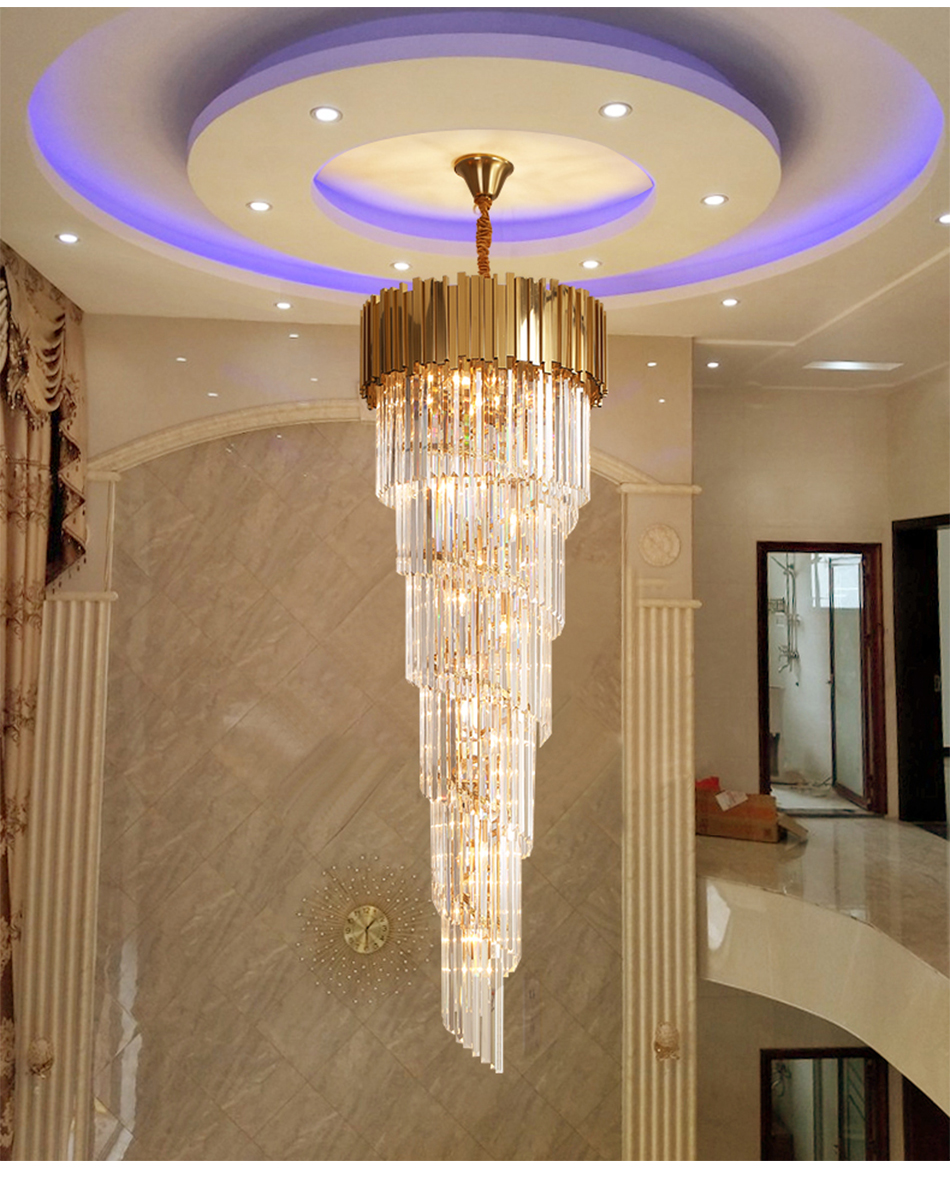 Hotel Theater Villa Large Chandelier Lighting Luxury Stainless Steel Multi-layer Top Long Crystal Lamp(WH-NC-47)