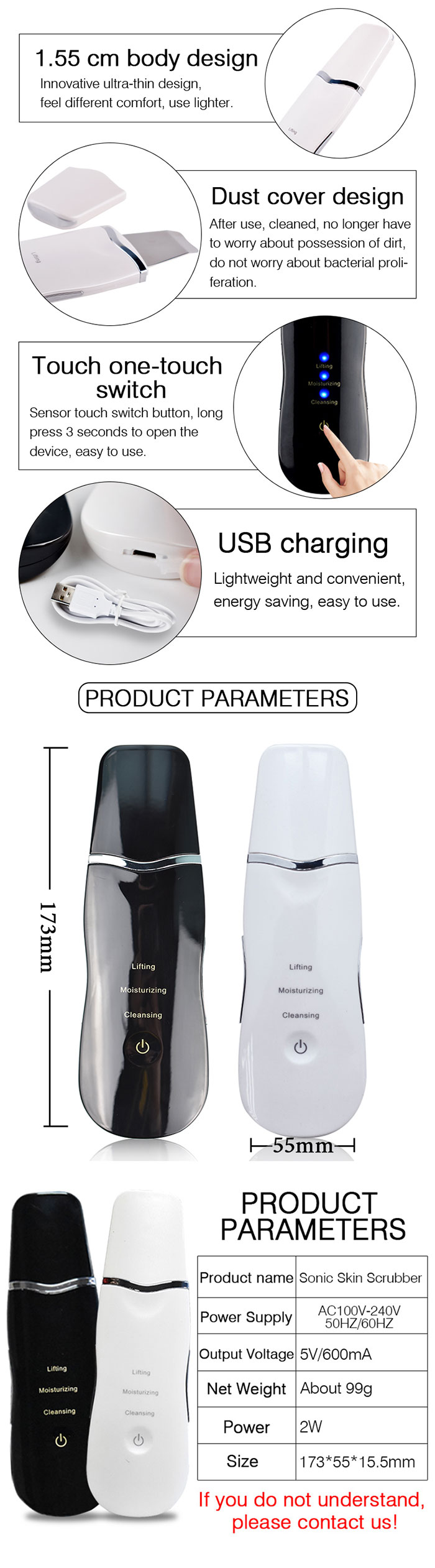 Rechargeable Facial Scrubber Machine , Ultrasonic Face Scrubber Spatula