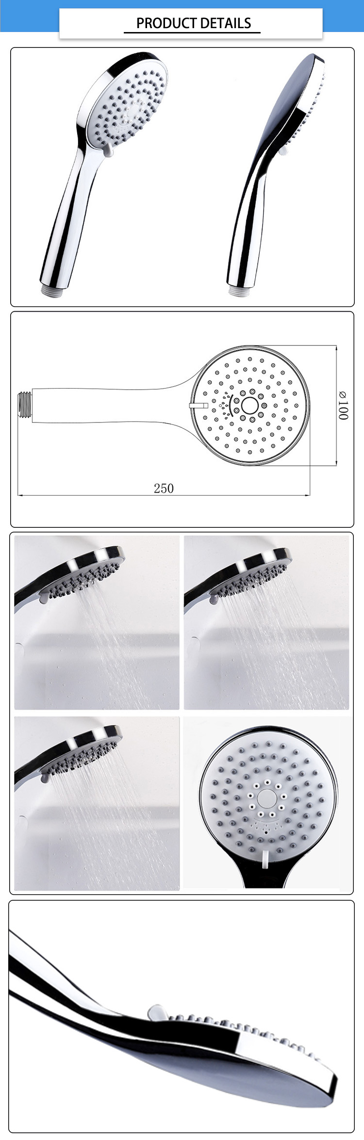 3 Function 100mm*250mm Lightweight Hand Held Shower Heads