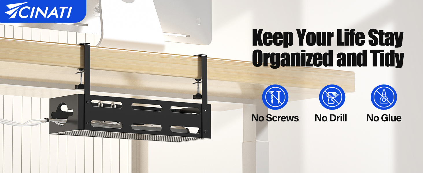 Space-saving Under Desk No Drill Cable Management Tray with Metal Wire Management Box