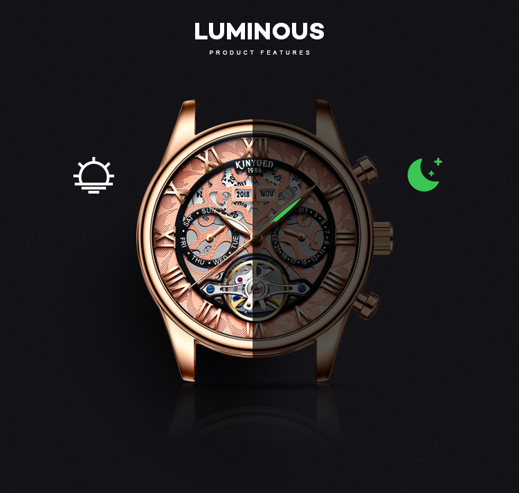 KINYUED genuine leather tourbillon mens automatic watch skeleton mechanical watch luminous watch
