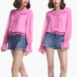 Quality Women Fashionable Long Sleeve Pink Blouse With Ruffles wholesale