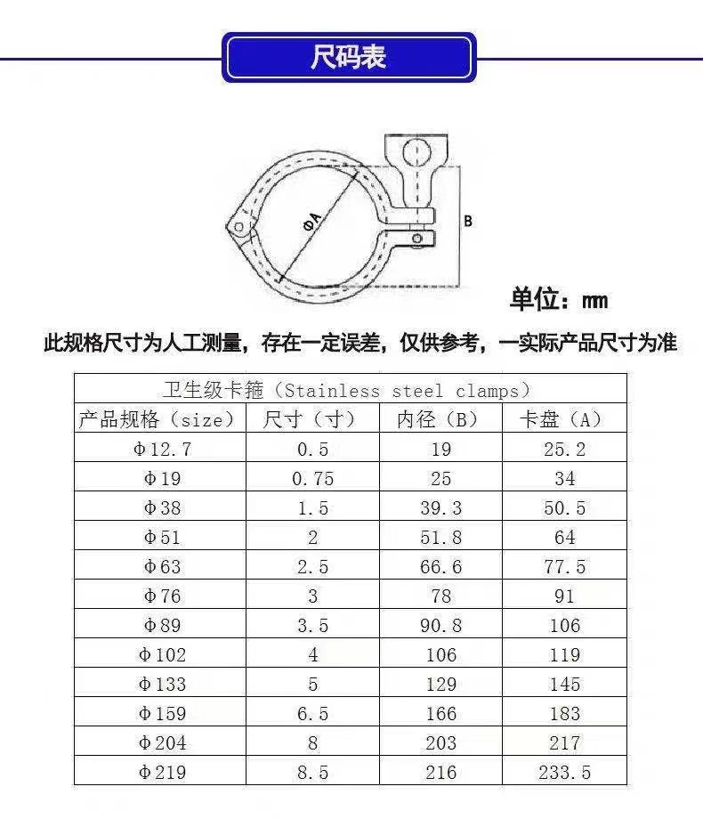 WZ Sanitary Tri Clamp Stainless Steel304 316 Casting Ferrule Flange Pipe Double Pin Clamp 1/8"-4