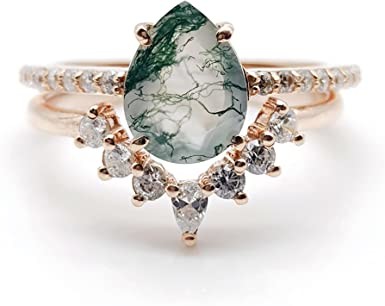Natural Moss Agate Ring Set For Women Pear Shaped Gold Ring For Women