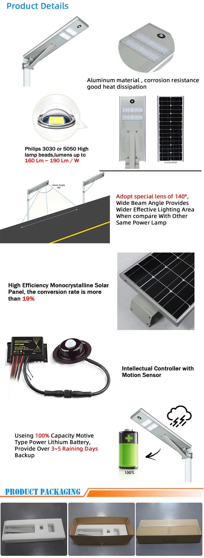 Ip67 Integrated LED Solar Street Light 250W 5 Heads 1200x300x50mm