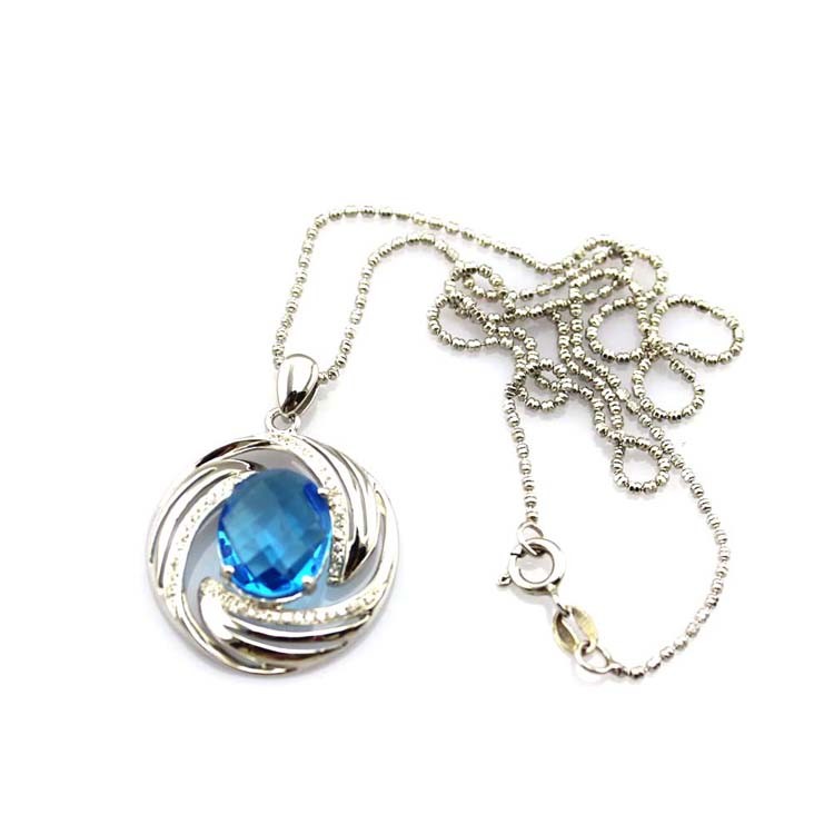 Sterling Silver Oval Blue Topaz Cubic Zirconia Charm Pendant (P18)