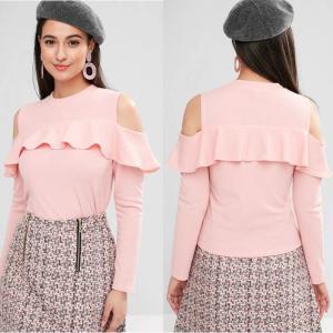 Quality Cheap Wholesale Ruffle Clothing Long Sleeve Cold Shoulder T Shirt Tops wholesale