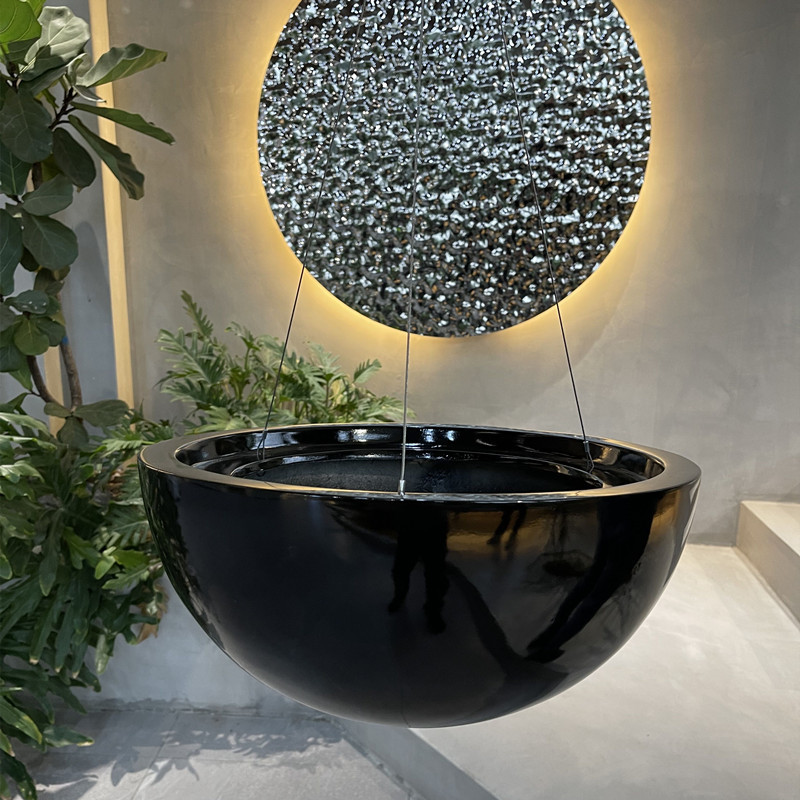 Bowl Shape Black Fiberglass Plant Pots for Garden Home Floor