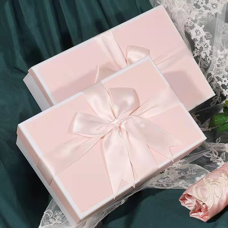 Spot Color Luxury Pink Rigid Cardboard Gift Box Handbags Cosmetic Gift Packaging Box with Ribbon