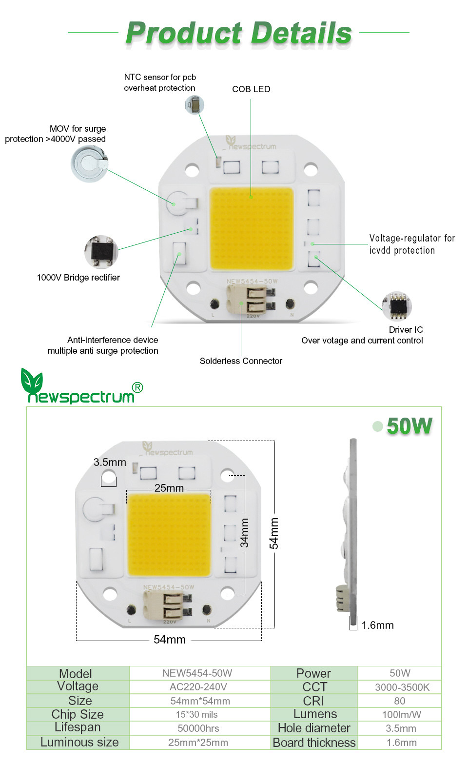 50W Dimming Cob LED 220V Solderless Wire Dob Led Driver Size 25mm