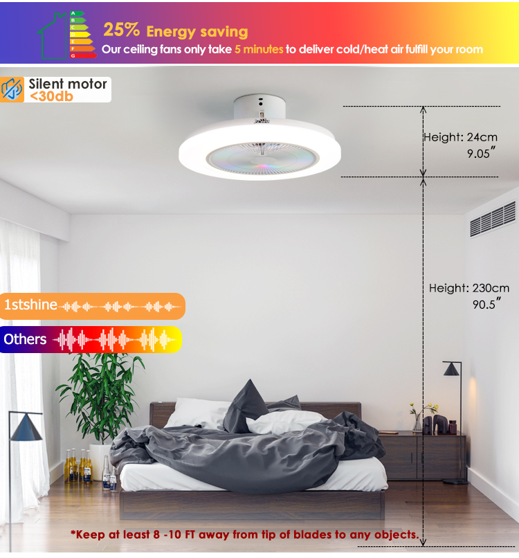 19 INCH/OEM LED Ceiling Fan with White Finish and RGB Atmosphere Light Hidden Blades