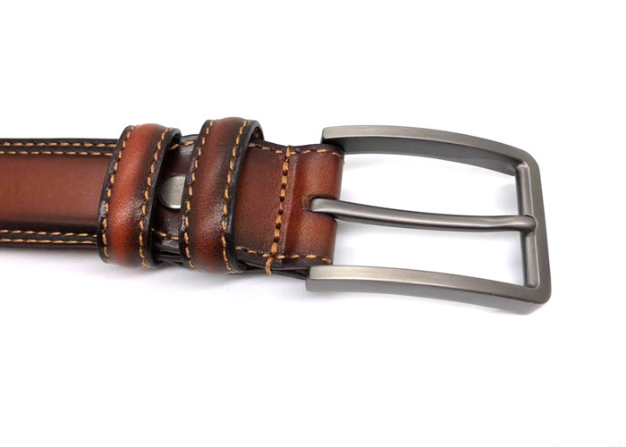 Brown Mens Leather Dress Belt Feather Edge Double Stitching With Zinc Alloy Pin Buckle