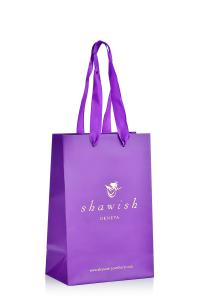 Quality CMYK Branded Paper Bags Printing Purple Jewelry Packaging Bag With Ribbon Handle wholesale