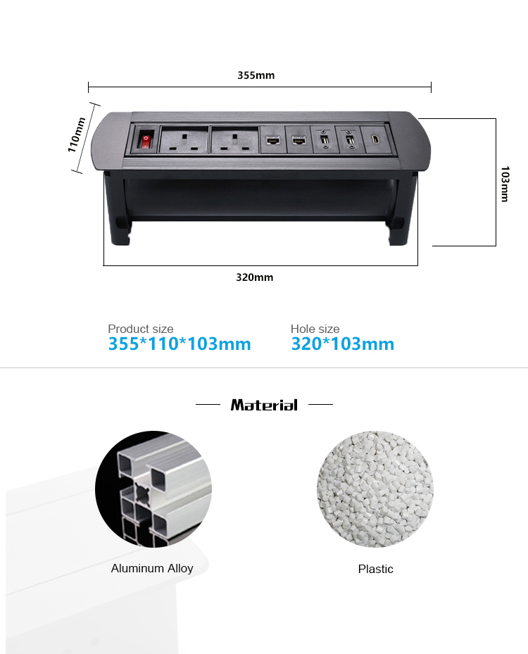 Multimedia Furniture Recessed Power Strip UK Plug Socket For Meeting Table