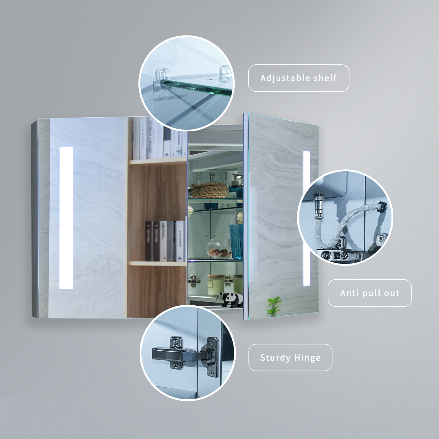 Wall Mounting Round LED Mirror Cabinet Customizable Adjustable Lighting