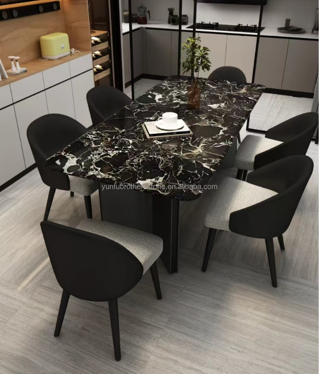 Modern Polished Black Rose Marble Big Slab Dining Table Set for Villa and Hotel Design