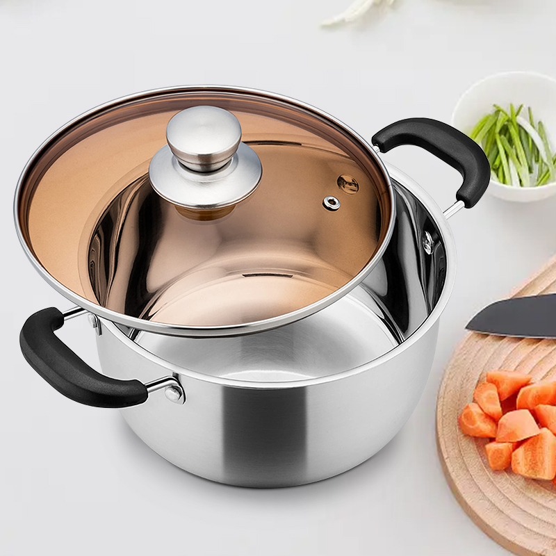 Best Selling Silver Cook-pot Kitchenware Multiple Sizes Pots Circle Cooking Soup Pot With Glass Lid