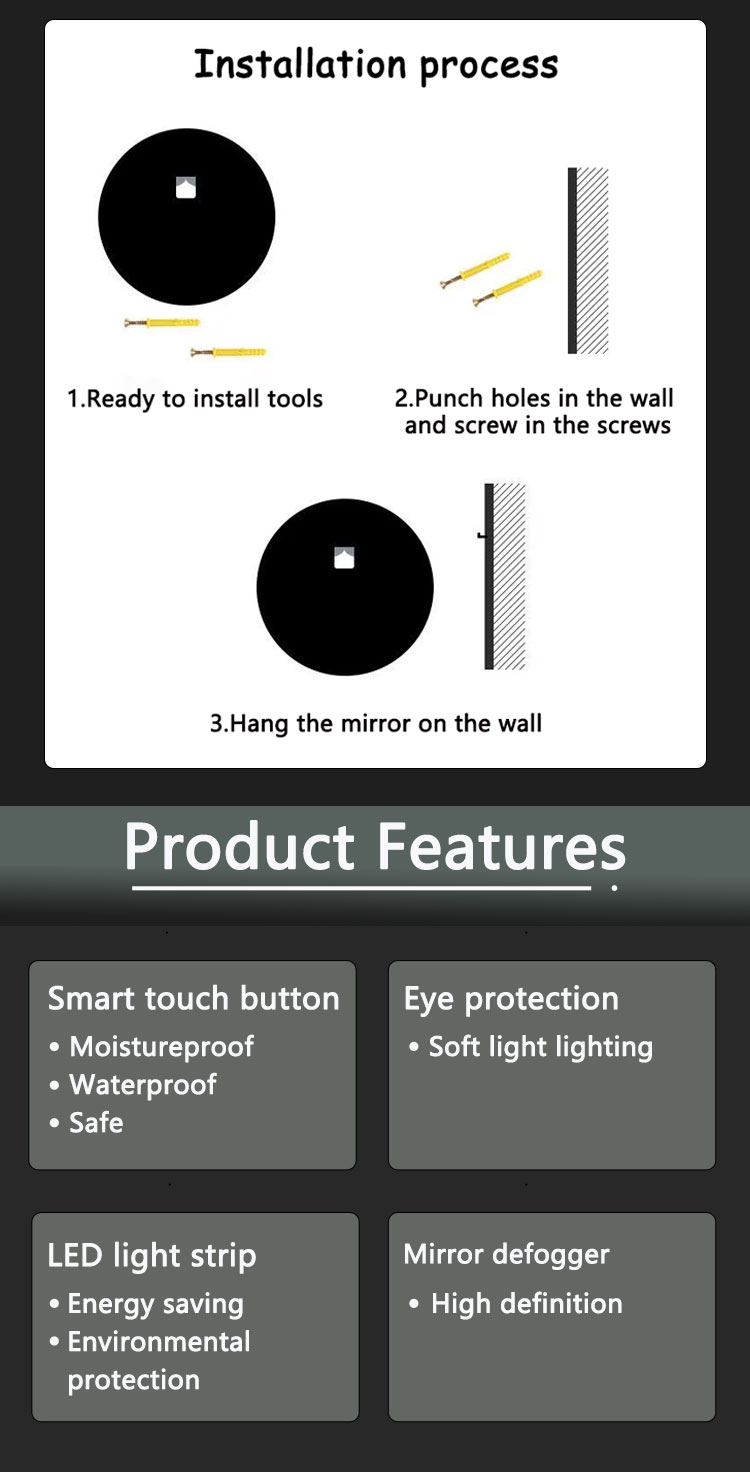 Large Sensor Switch LED Bathroom Mirror with Touch Screen and Fog-Free Design