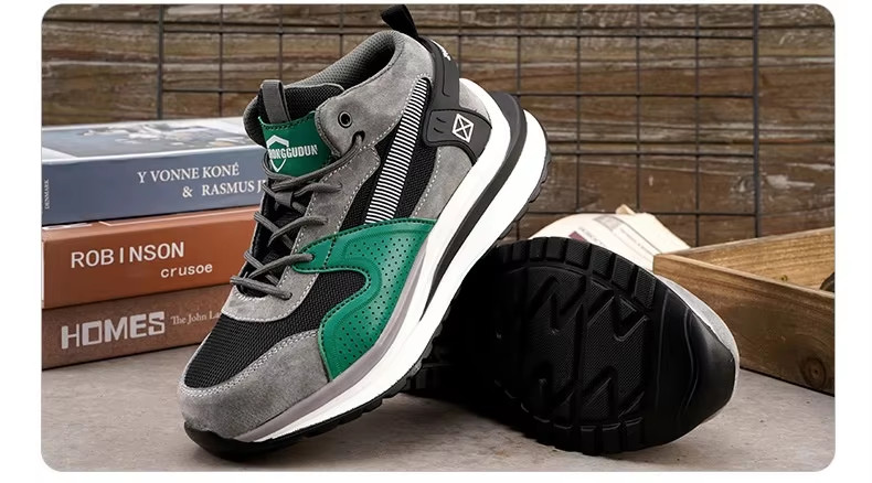 Steel Toe Mid-cut Pigskin And Flying Knit Safety Boots For OEM Security Work