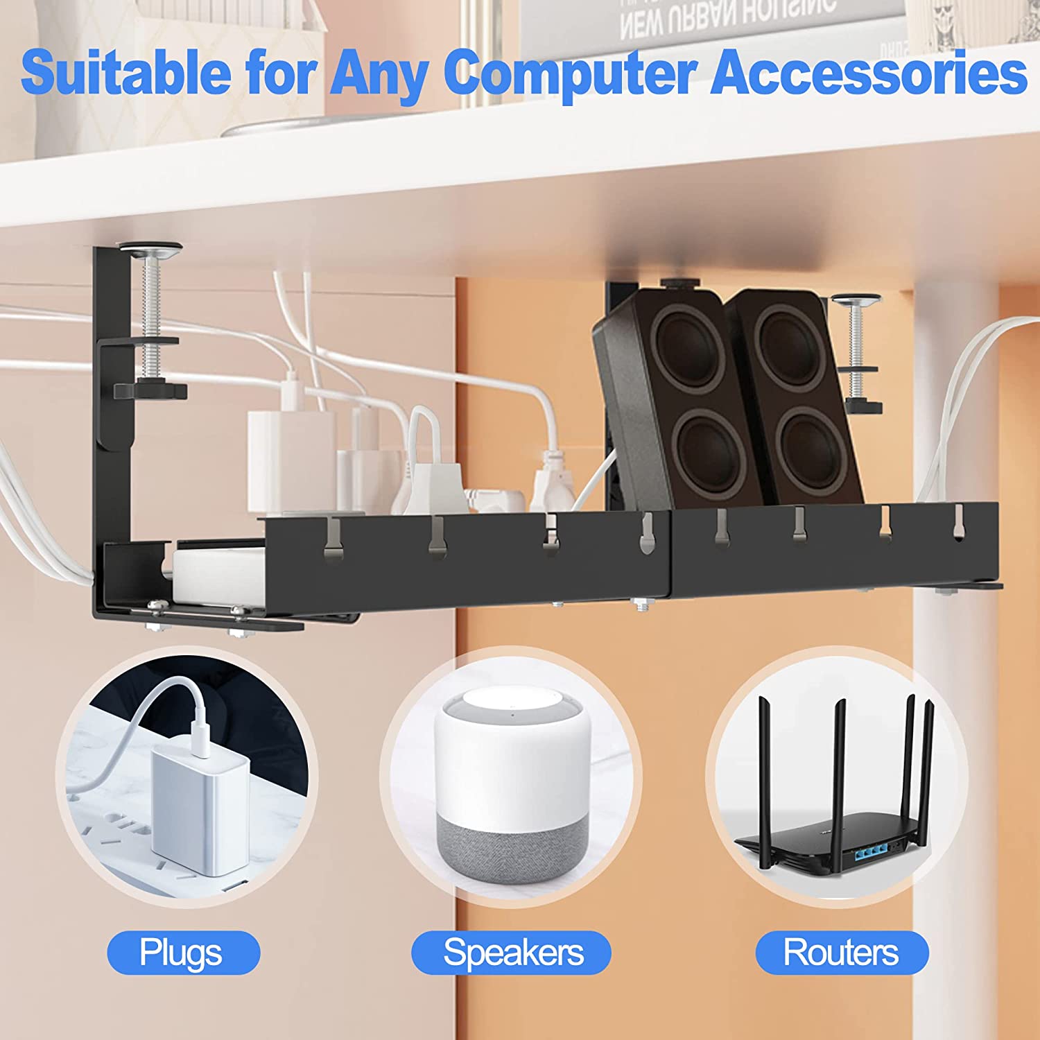 Sturdy Iron Wire Cable Tray for Under Desk Cord Management Adjustable Cable Organizer