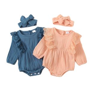 Quality Wholesale baby summer Lace Ruffled muslin Buttons baby bodysuit with headwrap set wholesale