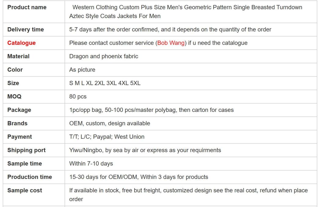 Western Clothing Custom Plus Size Men&prime;s Geometric Pattern Single Breasted Turndown Aztec Style Coats Jackets for Men