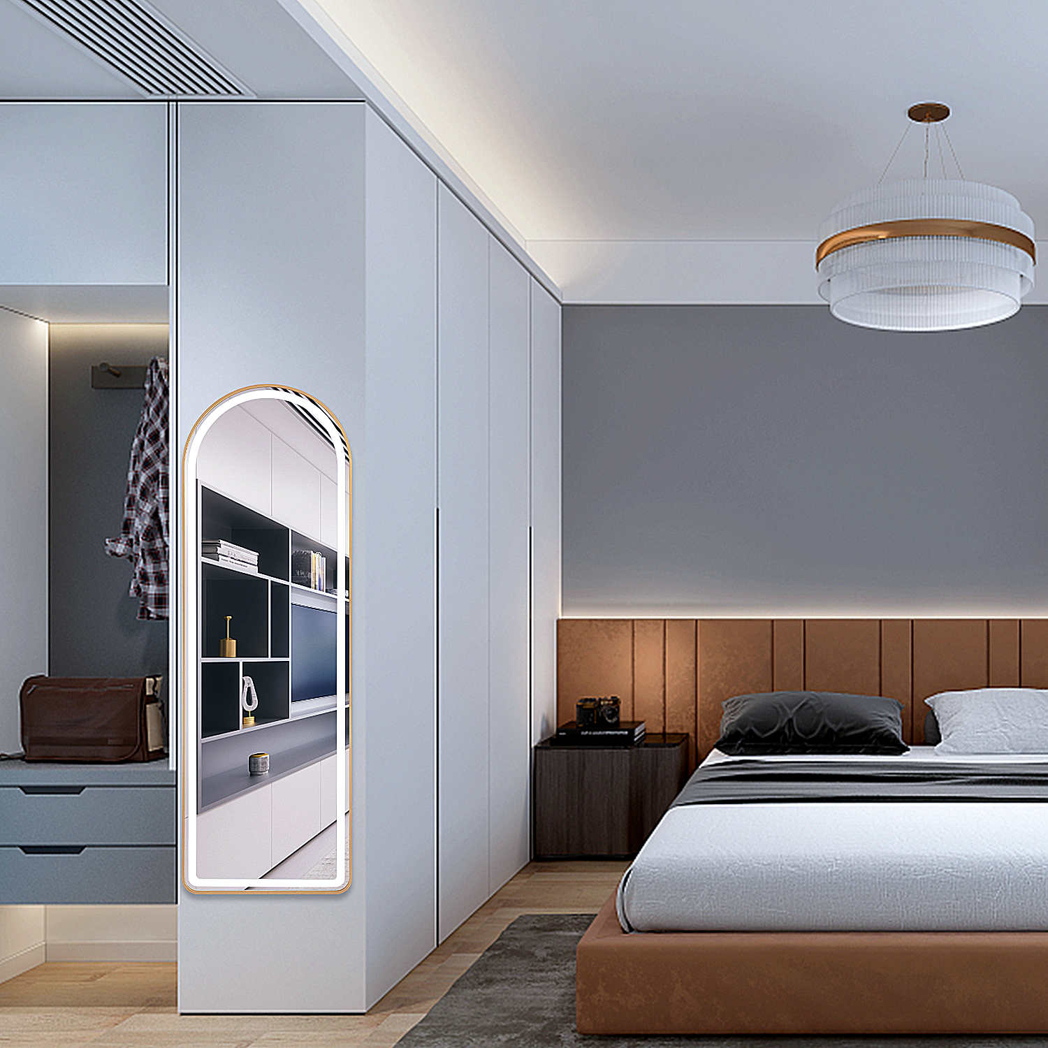 LED Full Length Mirror With Lights Arched Aluminum Adjustable Lighting High Visibility