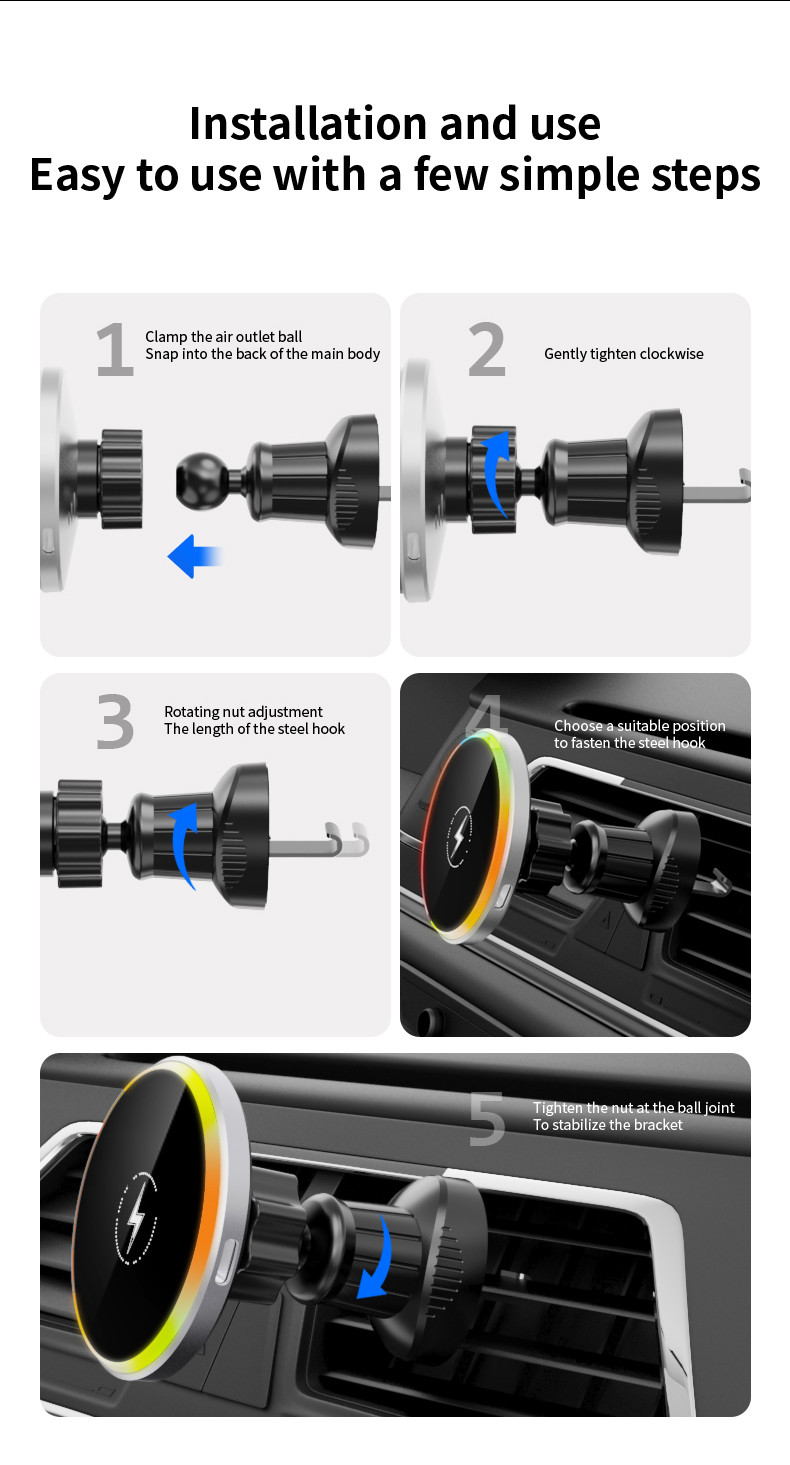 Magnetic Wireless Car Charger with 15W Max Output and 110-205KHz Charging Frequency