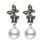 925 Silver White Simulated Shell Pearl Dangle Earrings Vintage Old Jewellry
