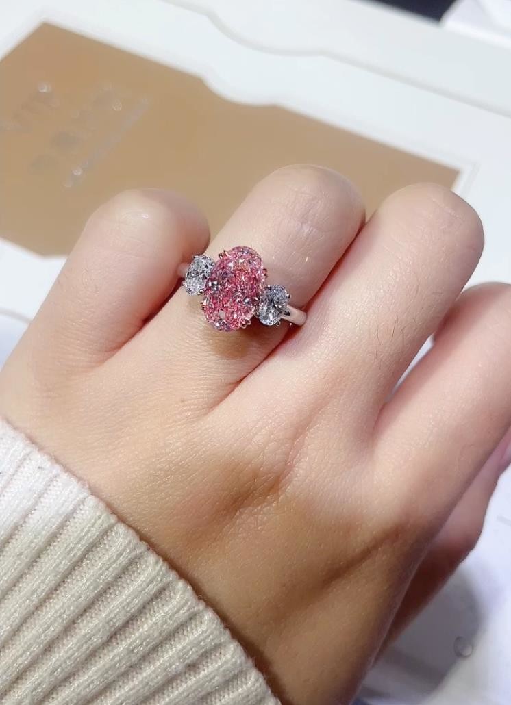 Large Size 3.52ct Pink Lab Created CVD Diamond Ring Oval Shape 18k White Gold Ring