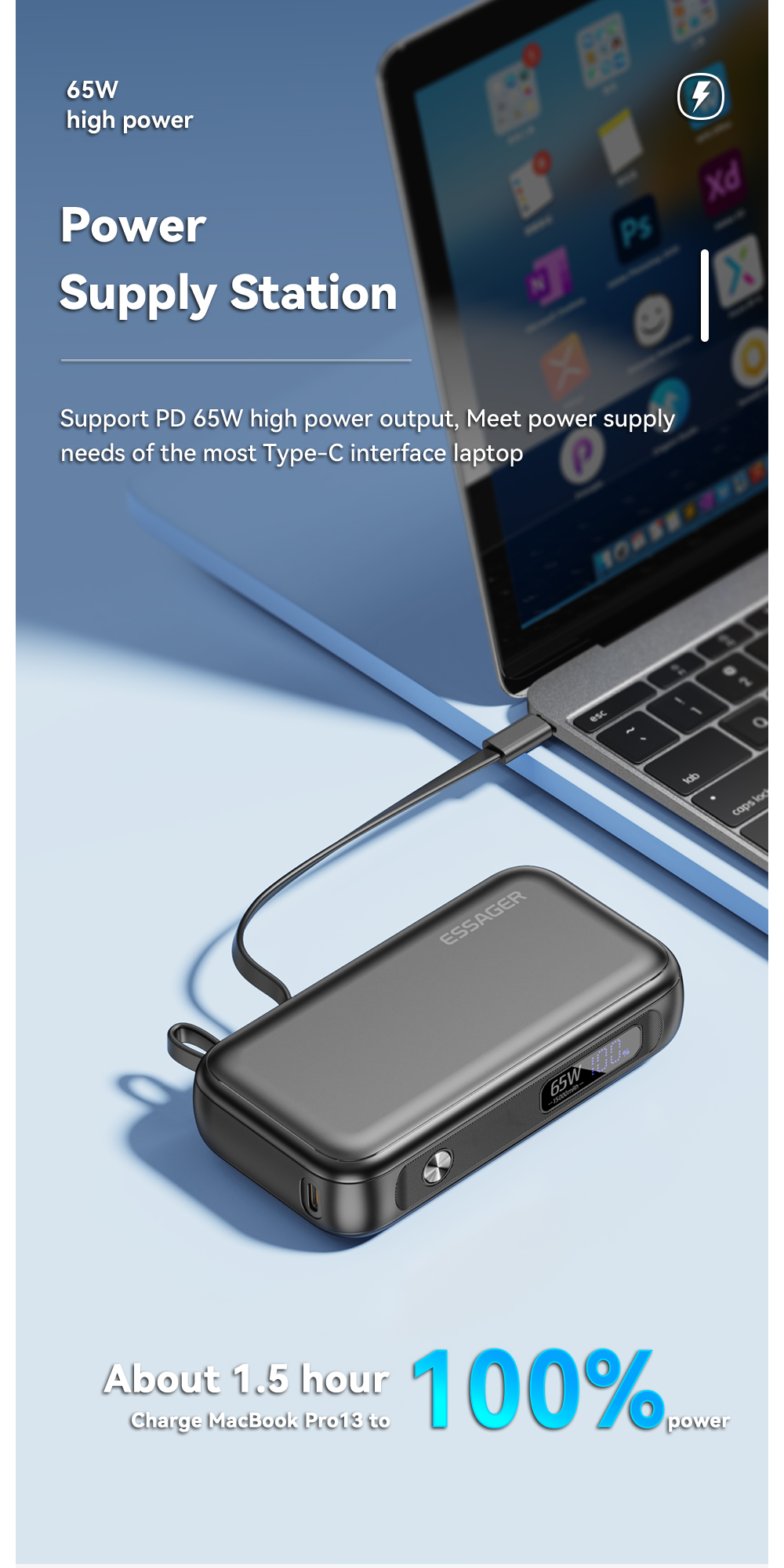 LED Digital Display PD 65W Cell Phone Power Bank 15000mAh Fast Battery Storage