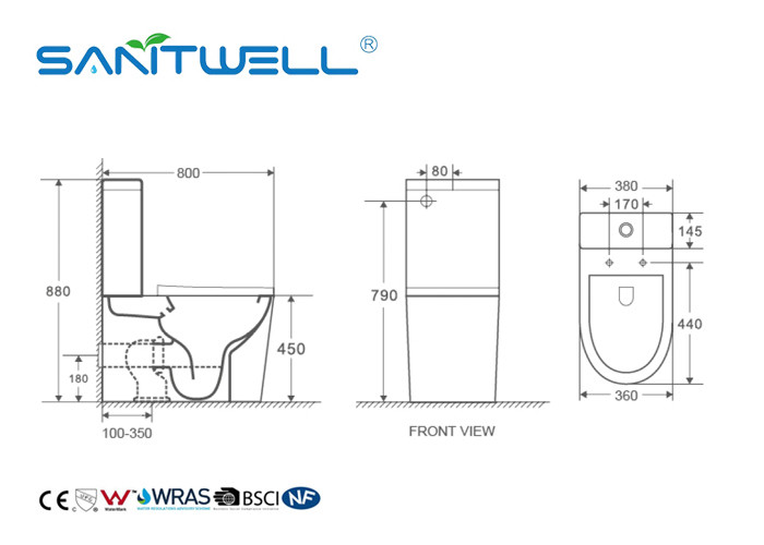 Soft Surface Rimless Close Coupled Toilet Two Piece Structure 800 * 380 * 880mm