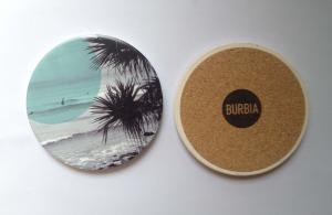 Quality Round ceramic coaster with cork backing and UV printed/ silkscreen logo wholesale
