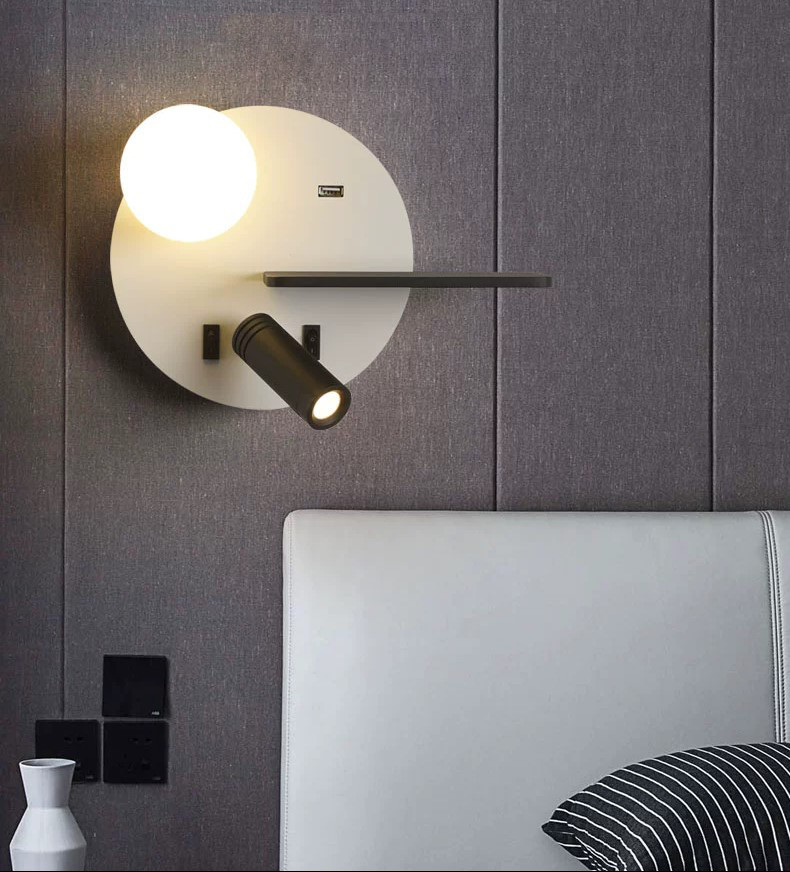 Bedside reading wall lamp acrylic ball USB wireless charger bedroom bed board light living Bedhead wall light for hotel
