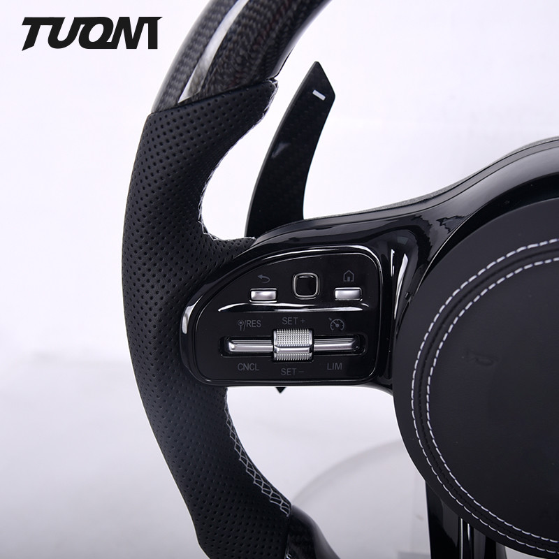 White Stripe Black Perforated Leather Mercedes Steering Wheel Carbon Fiber