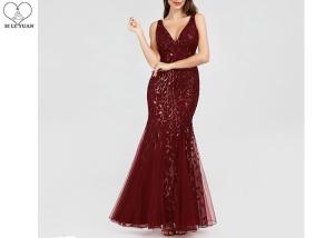 Quality Embroidery Sequins Sparkly Burgundy Bridesmaid Dresses V Neck Tulle Fishtail wholesale