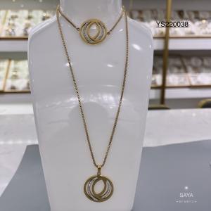 Quality 18k Gold Rhinestone Stainless Steel Jewelry Set Circle Overlap Necklace And Bangle Set wholesale