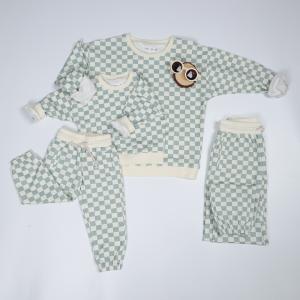 Quality 230gsm Family Matching Clothes Set French Terry Crew Neck Long Sleeve Checkered Sweatsuit wholesale