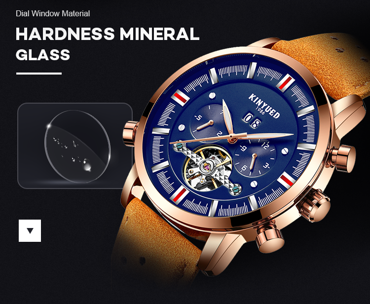 KINYUED J019-1 Gold Case Genuine Leather Auto Date Skeleton Tourbillon Automatic Mechanical Wristwatches