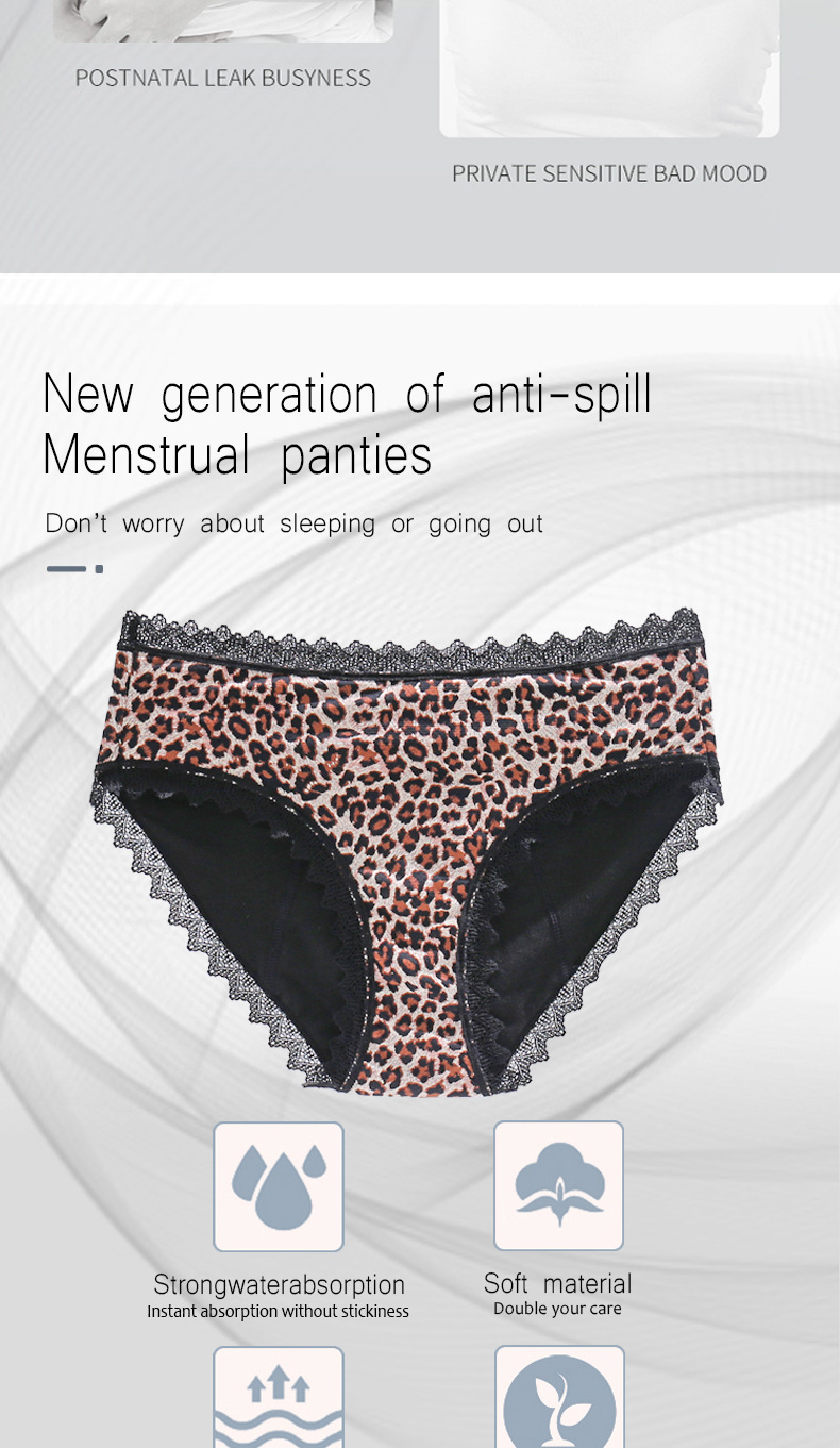 Cotton Leak Proof Period Underwear Leopard S-4XL Plus Size Menstrual Panties