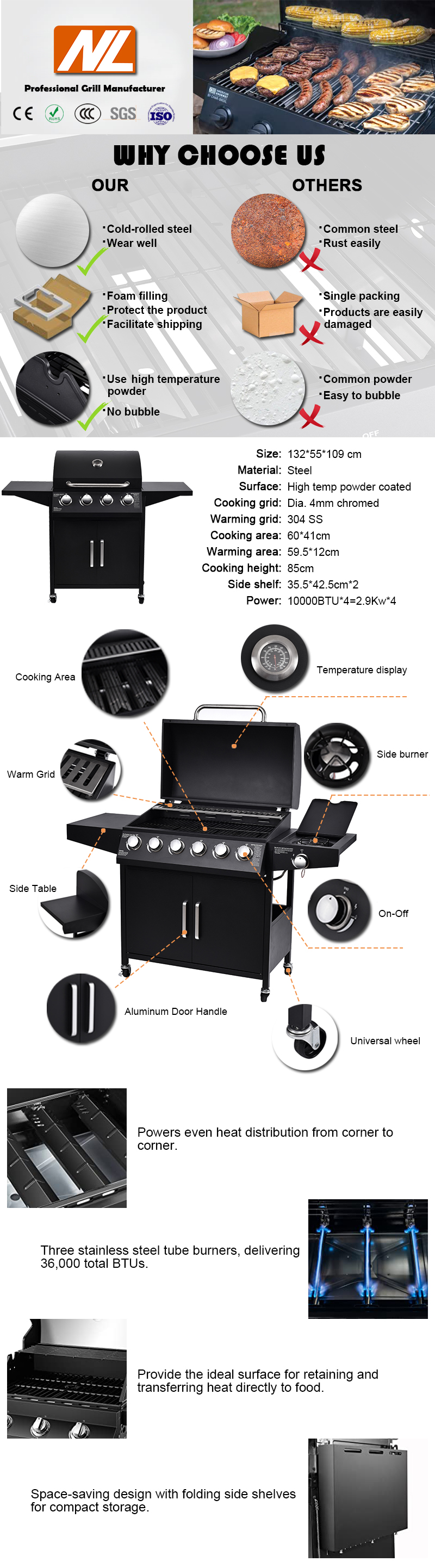 59.5*12cm Warming Area 4 Burner Propane Gas Grill with Side Burner and Cabinet Style