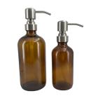 Luxury 8oz 16oz Glass Clear Amber Boston Round Pump Bottles For Hand Lotion