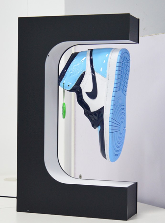 E shape customize led light magnetic levitation shoes display rack, floating shoes advertising stand