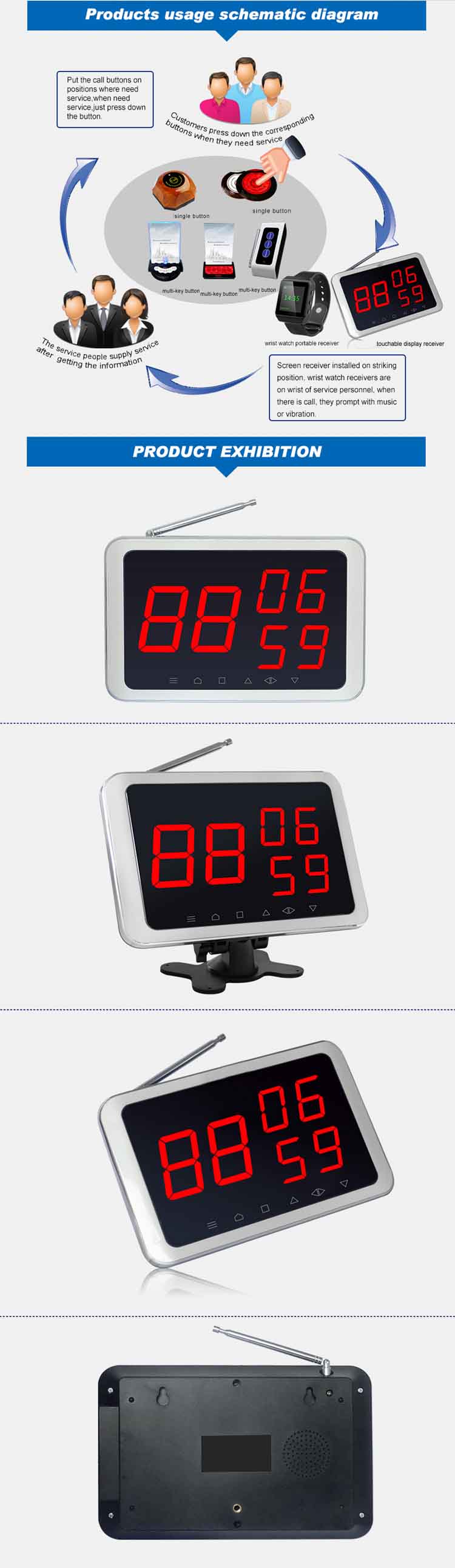 full set of restaurant pagings system call button/display/kitchen callpad/signal repeater